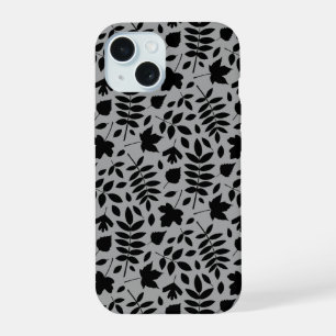 Gevallen bladeren Patroon zwart op grijs iPhone 15 Case