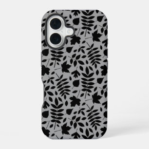 Gevallen bladeren Patroon zwart op grijs iPhone 16 Hoesje