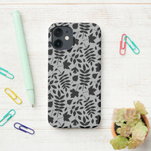 Gevallen bladeren Patroon zwart op grijs iPhone 12 Mini Hoesje