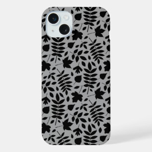 Gevallen bladeren Patroon zwart op grijs iPhone 15 Plus Case