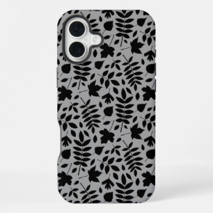 Gevallen bladeren Patroon zwart op grijs iPhone 16 Plus Hoesje