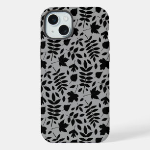 Gevallen bladeren Patroon zwart op grijs iPhone 15 Plus Case