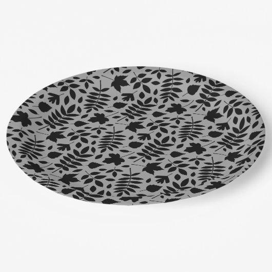 Gevallen bladeren Patroon zwart op grijs Papieren Bordje (Gekanteld)