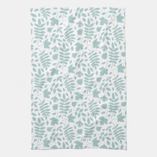 Gevallen bladeren RPT Pattern LT Blauwgroen op wit Theedoek (Verticaal)