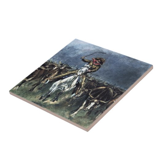 Gevangen in een Stampede Westerse Kunst van Freder Tegeltje (Zijkant)