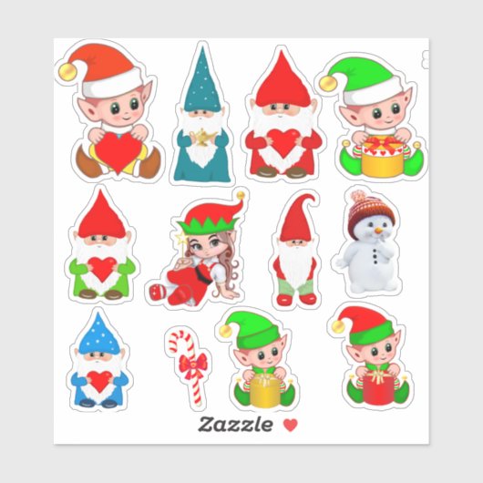 Gevarieerde Kerstmnis Gnomen, Elfen & Sneeuwman Sticker (Vel)