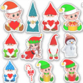 Gevarieerde Kerstmnis Gnomen, Elfen & Sneeuwman Sticker (Voorkant)