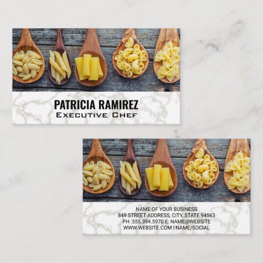 Gevarieerde pasta's op houten lepels | Marmer Visitekaartje (Voorkant / Achterkant)