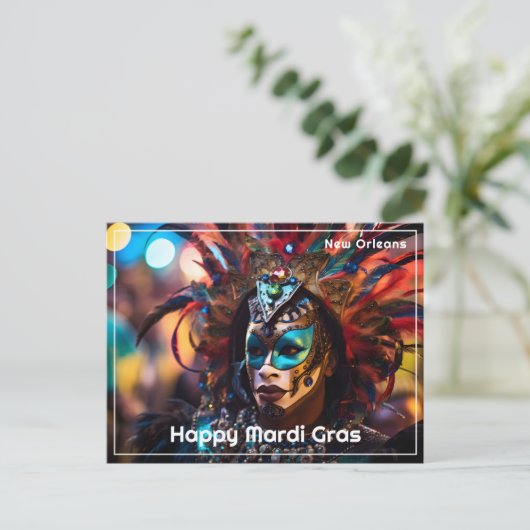 💜💛gevederde pracht: Mardi Gras Opulence Briefkaart (Staand voorkant)