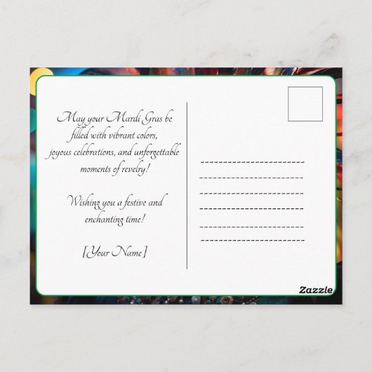 💜💛gevederde pracht: Mardi Gras Opulence Briefkaart (Achterkant)