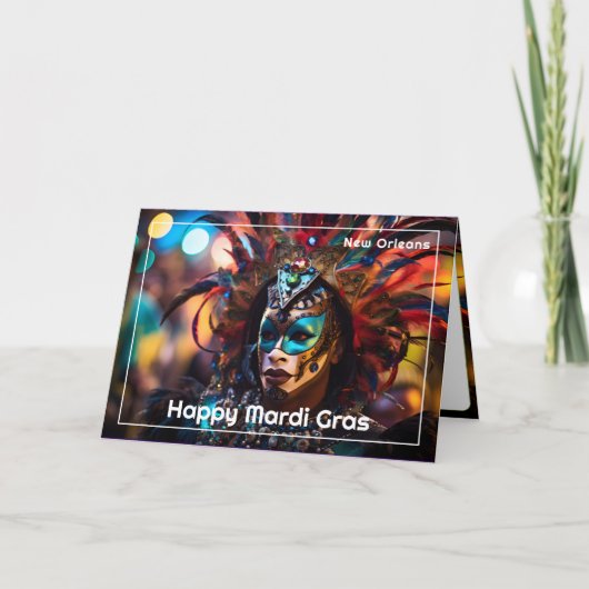 💜💛gevederde pracht: Mardi Gras Opulence Kaart (Voorkant)