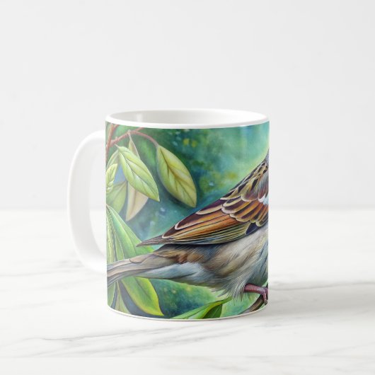 Gevederde Vriend: Huis Sparrow Keramische Mok (Voorkant links)