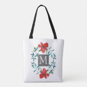 geverfd ontwerp van rode bloem met monogram tote bag (Achterkant)