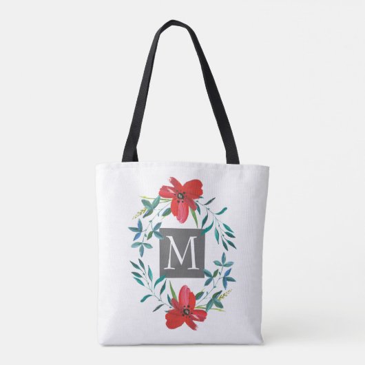  geverfd ontwerp van rode bloem met monogram tote bag (Achterkant)