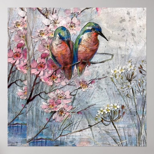 geverfde blauwe vogels en bloemen faux poster (Voorkant)