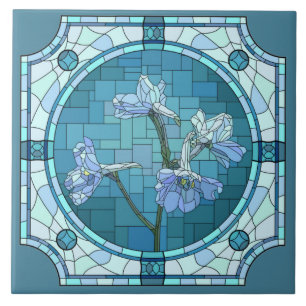 Geverfde bloemen, blauwe iris (gekleurd glas) tegeltje