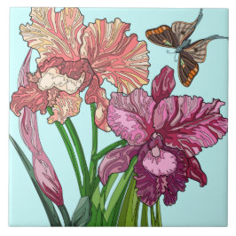 Geverfde bloemen, iris en vlinder op munt tegeltje