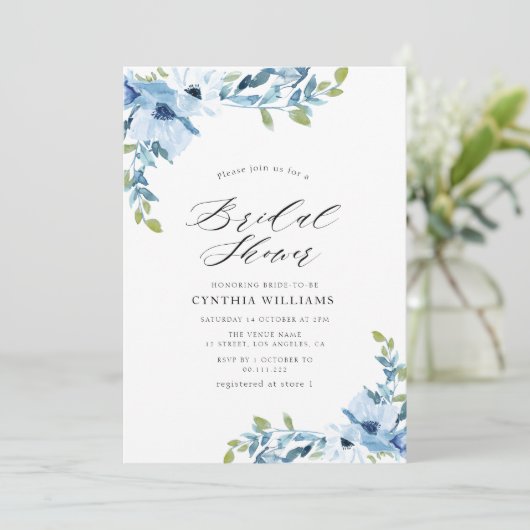 geverfde floraal lichtblauw bruin doucheuitnodigin kaart (Staand voorkant)