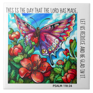 geverfde vlinder en bloemen met verse psalm 118:24 tegeltje