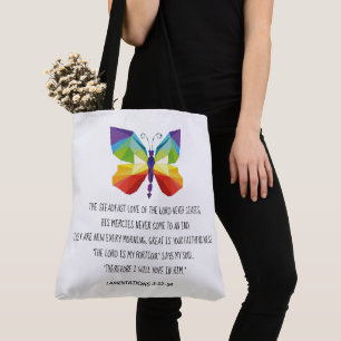 geverfde vlinder, vers van Lamentations 3:22-24 Tote Bag