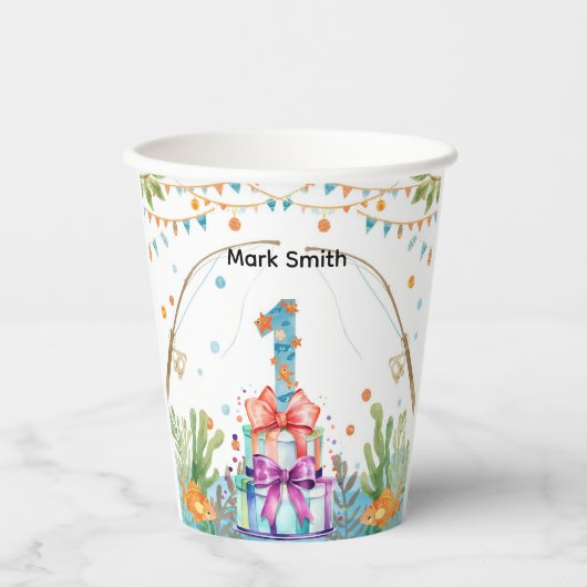 Gevist 1e verjaardagsfeest met taartversiering papieren bekers (Voorkant)