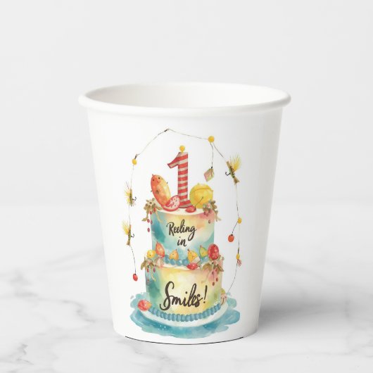 Gevist 1e verjaardagsfeest met taartversiering papieren bekers (Voorkant)