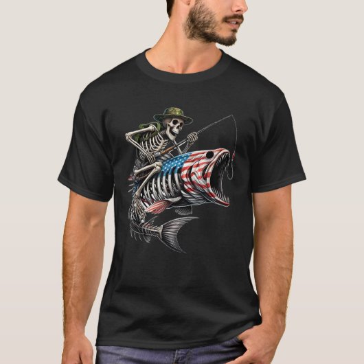 Gevist Amerikaanse vlag Bass Fish Skull Skeleton F T-shirt (Voorkant)