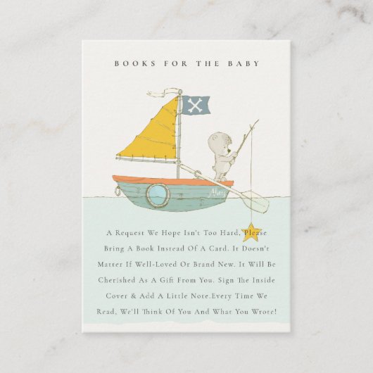 Gevist Beer Sailboot Books for Baby shower Informatiekaartje (Voorkant)