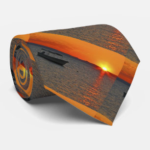 Gevist Boat op Sunset, Oranje Sky Stropdas