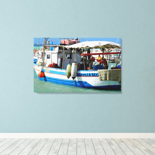 Gevist boot aan de Toscaanse kust, schilderen. Canvas Afdruk (Insitu (Houten vloer))