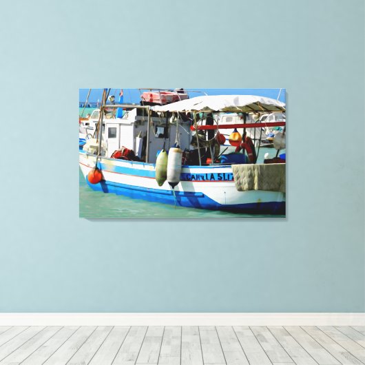 Gevist boot aan de Toscaanse kust, schilderen. Canvas Afdruk (Insitu (Houten vloer))
