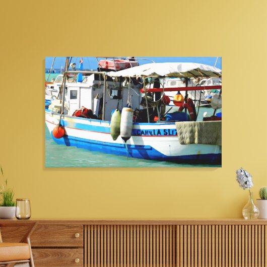Gevist boot aan de Toscaanse kust, schilderen. Canvas Afdruk (Insitu (Woonkamer))