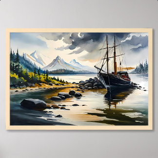 Gevist Bootschilderij Amidst River Rock and Forest Poster