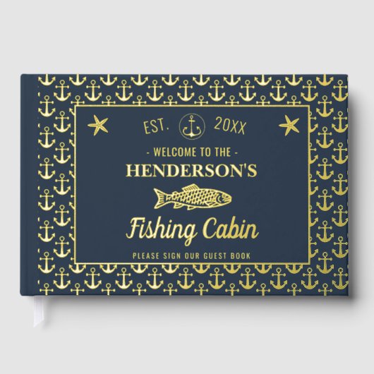 Gevist Cabin Custom Welkom Vis Ankers Goud Gastenboek (Voorkant)