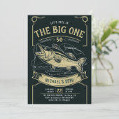 Gevist Fish Reel Zwart Goud Mannen 50e Verjaardag Kaart (Staand voorkant)
