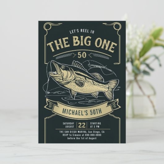 Gevist Fish Reel Zwart Goud Mannen 50e Verjaardag Kaart (Staand voorkant)