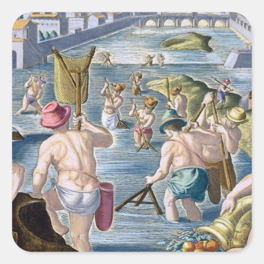 Gevist in Shallow Waters Using Nets, bord 96 voor Vierkante Sticker (Voorkant)