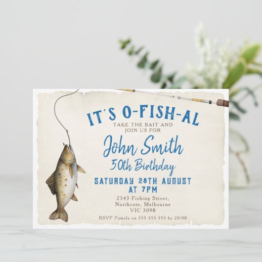 Gevist is het O-vis-al Adult Birthday Invitation Kaart (Staand voorkant)