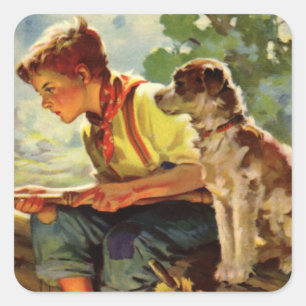  Gevist, jongen met zijn puppy en wormen Vierkante Sticker