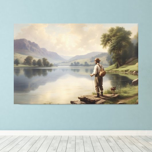 Gevist man aan het meer rustieke natuur uitzicht   canvas afdruk (Insitu (Houten vloer))