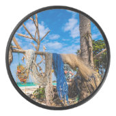 Gevist netten die op het strand drogen hockey puck (Voorkant)