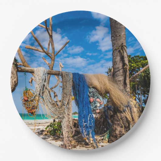 Gevist netten die op het strand drogen papieren bordje (Voorkant)