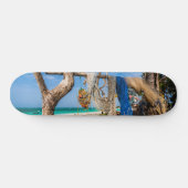 Gevist netten die op het strand drogen persoonlijk skateboard (Horizontaal)