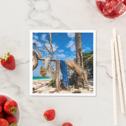 Gevist netten die op het strand drogen servet (Insitu)