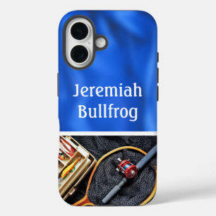 Gevist Ontwerp met Rod en Reel personaliseren Naam iPhone 16 Hoesje