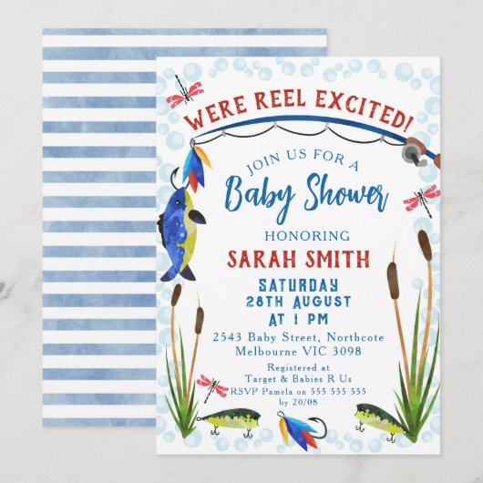 Gevist Reel Opgewonden Baby shower Uitnodiging (Voorkant / Achterkant)