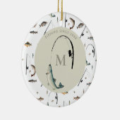 Gevist Rod & Reel Fish Thema Visser Monogram Keramisch Ornament (Rechts)