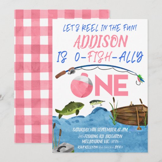 Gevist Roze Reel In Fun Ofishally 1e Verjaardag Kaart (Voorkant / Achterkant)