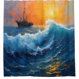 Gevist schip bij zonsopgang in de oceaan douchegordijn