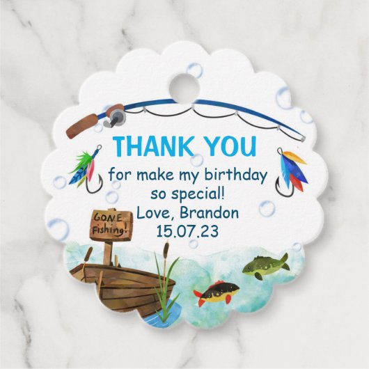 Gevist vis-bondgenoot kleine visser verjaardagsgun bedankjes labels (Voorkant)